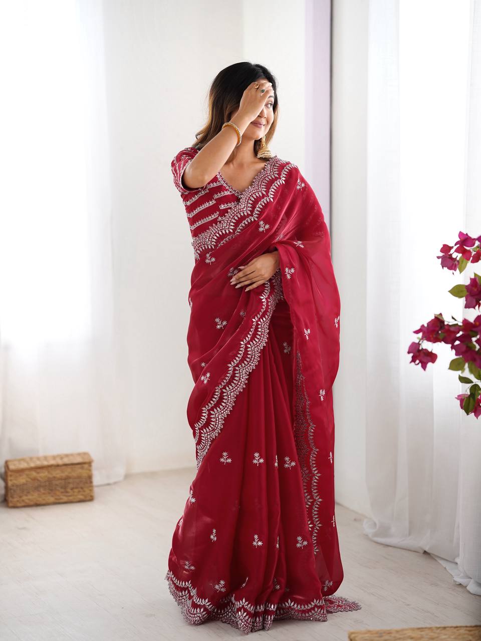 Women's Elegant Regal Purple Georgette Saree with Intricate Silver Thread & Sequin Embroidery β Complete with Embellished Blouse Piece for Festive & Party Wear - Image 25