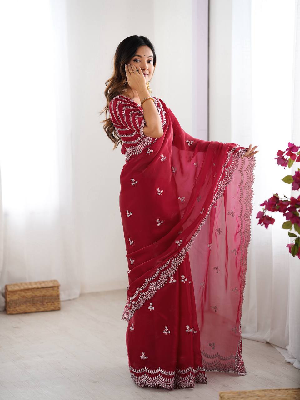 Women's Elegant Regal Purple Georgette Saree with Intricate Silver Thread & Sequin Embroidery β Complete with Embellished Blouse Piece for Festive & Party Wear - Image 24
