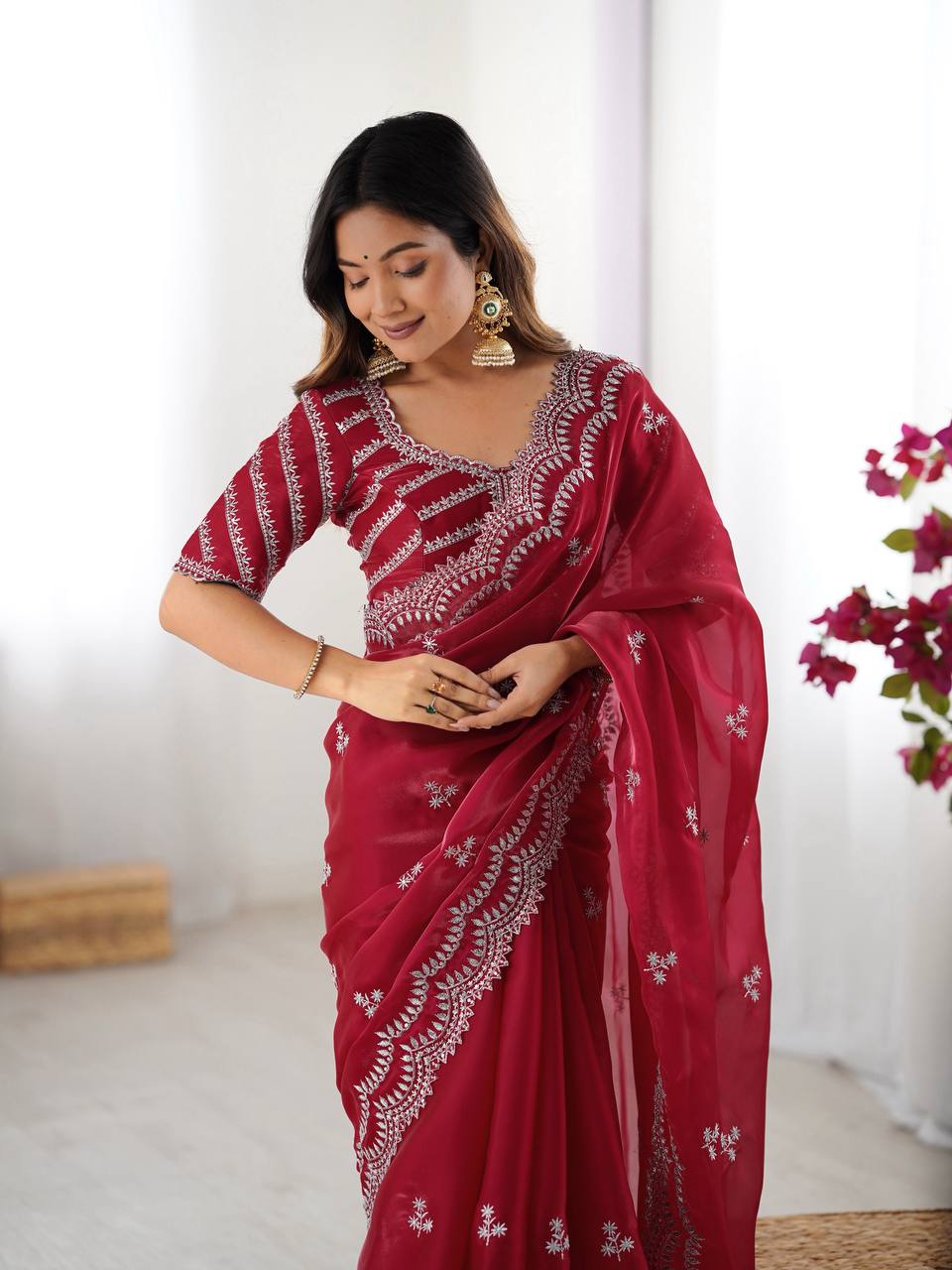 Women's Elegant Regal Purple Georgette Saree with Intricate Silver Thread & Sequin Embroidery β Complete with Embellished Blouse Piece for Festive & Party Wear - Image 22