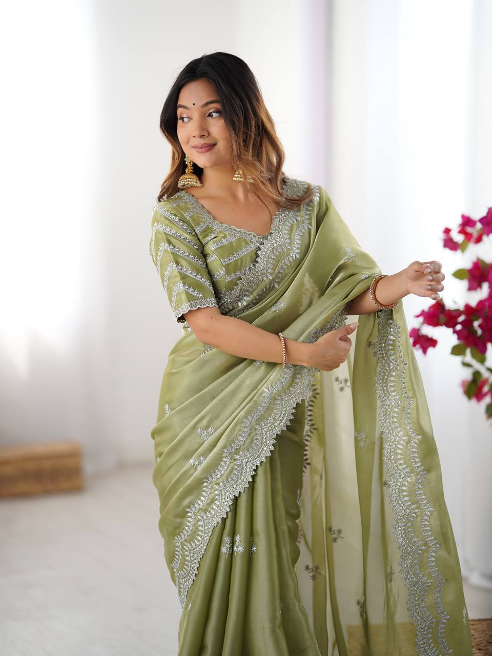 Women's Elegant Regal Purple Georgette Saree with Intricate Silver Thread & Sequin Embroidery β Complete with Embellished Blouse Piece for Festive & Party Wear