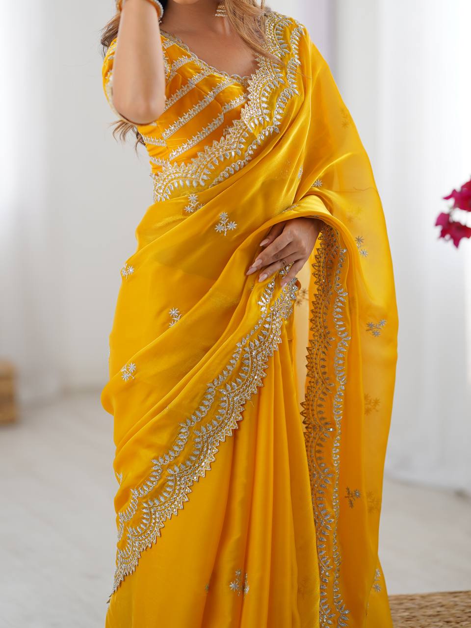 Women's Elegant Regal Purple Georgette Saree with Intricate Silver Thread & Sequin Embroidery β Complete with Embellished Blouse Piece for Festive & Party Wear - Image 3