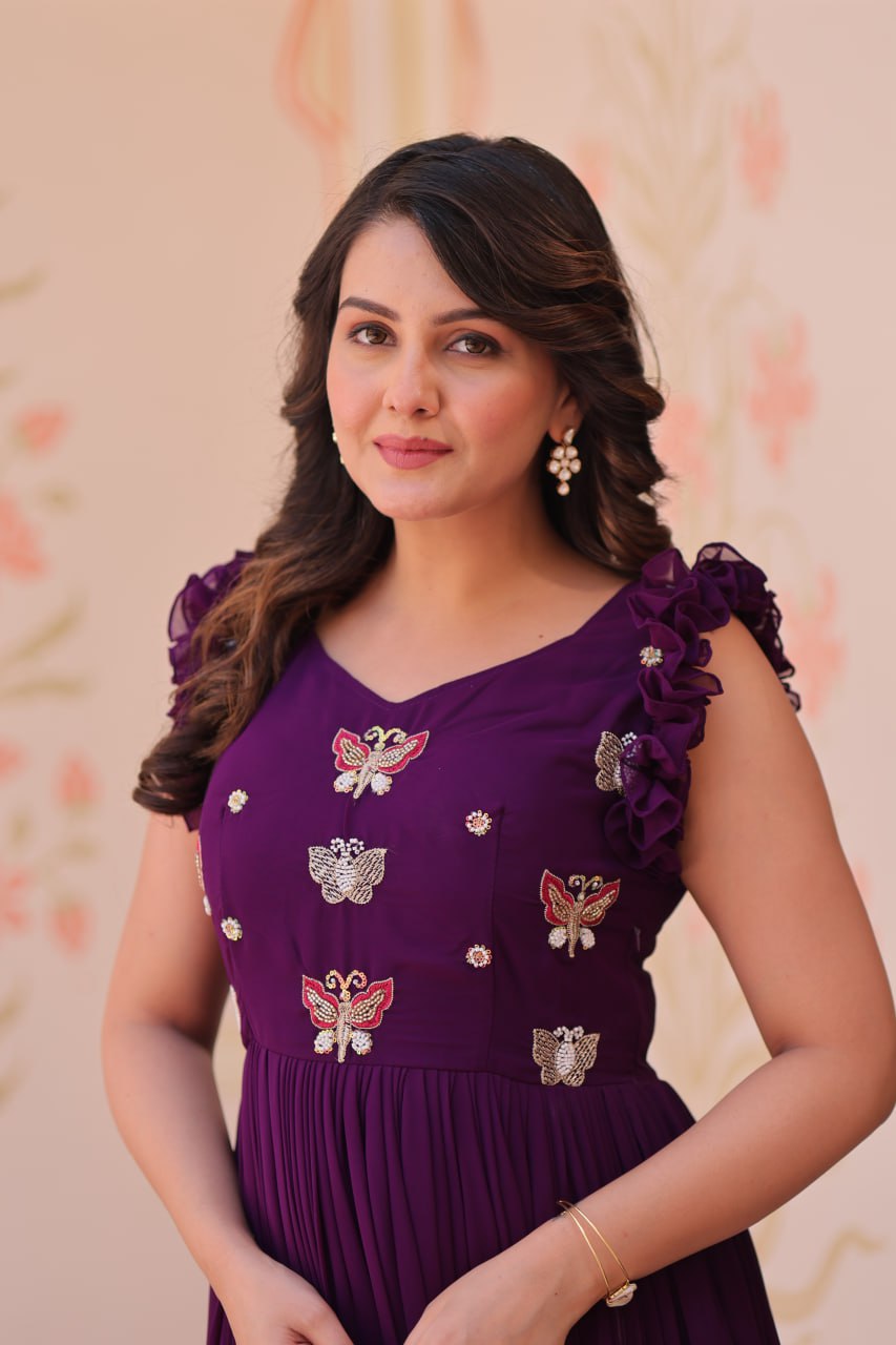 Women's Elegant Plum Purple Georgette Anarkali Gown with Butterfly Applique & Ruffle Sleeves β Festive & Special Occasion Wear - Image 9